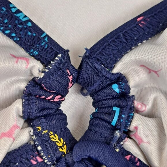 PINK Navy Blue Bikini Top Multi Color Logo Circle/Tie in Center Adj Neck Ties - Picture 8 of 12